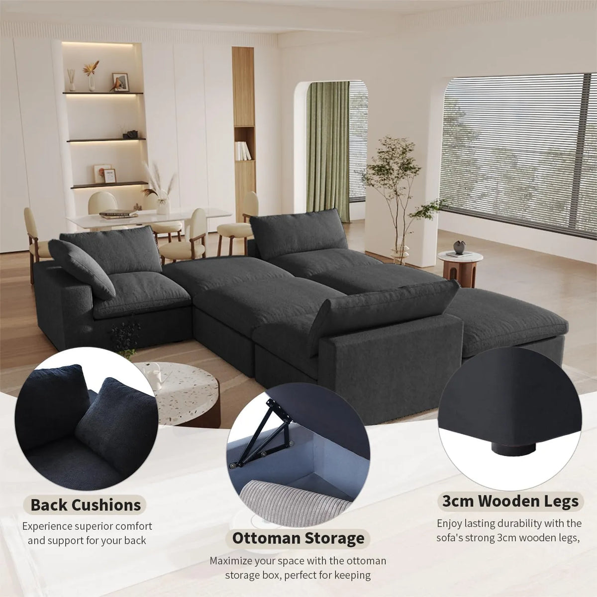 Deluxe Cloud 5-Seater Black Washable V-Shaped Sectional | 5-Piece, Cotton and Linen Fabric, Modular Design