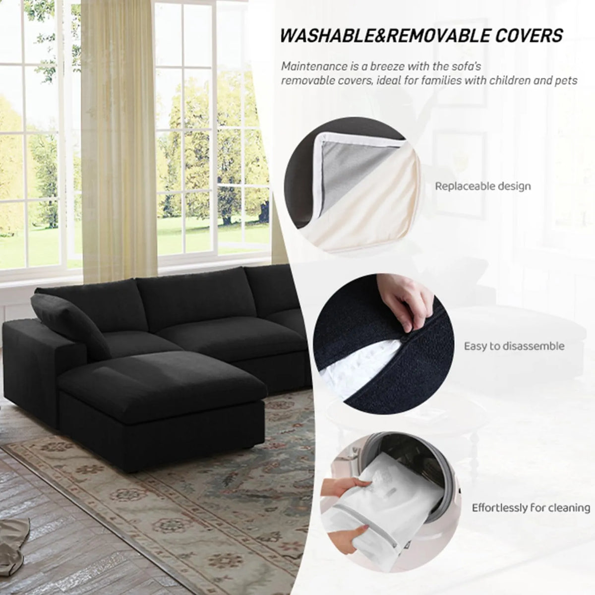 Deluxe Cloud 3-Seater Black Storage U-Shaped Sectional | 5-Piece (includes 2 Ottomans), Cotton and Linen Fabric, Washable Covers