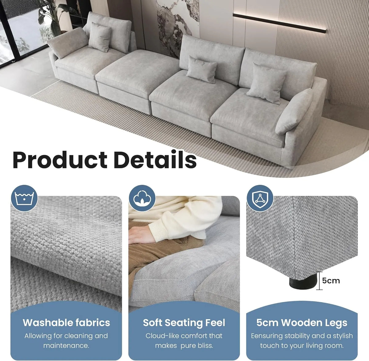 Deluxe Cloud 3-Seater Light-Grey Washable Pit Sectional | 6-Piece (includes 3 Ottomans), Chenille and Linen Fabric, Modular Design