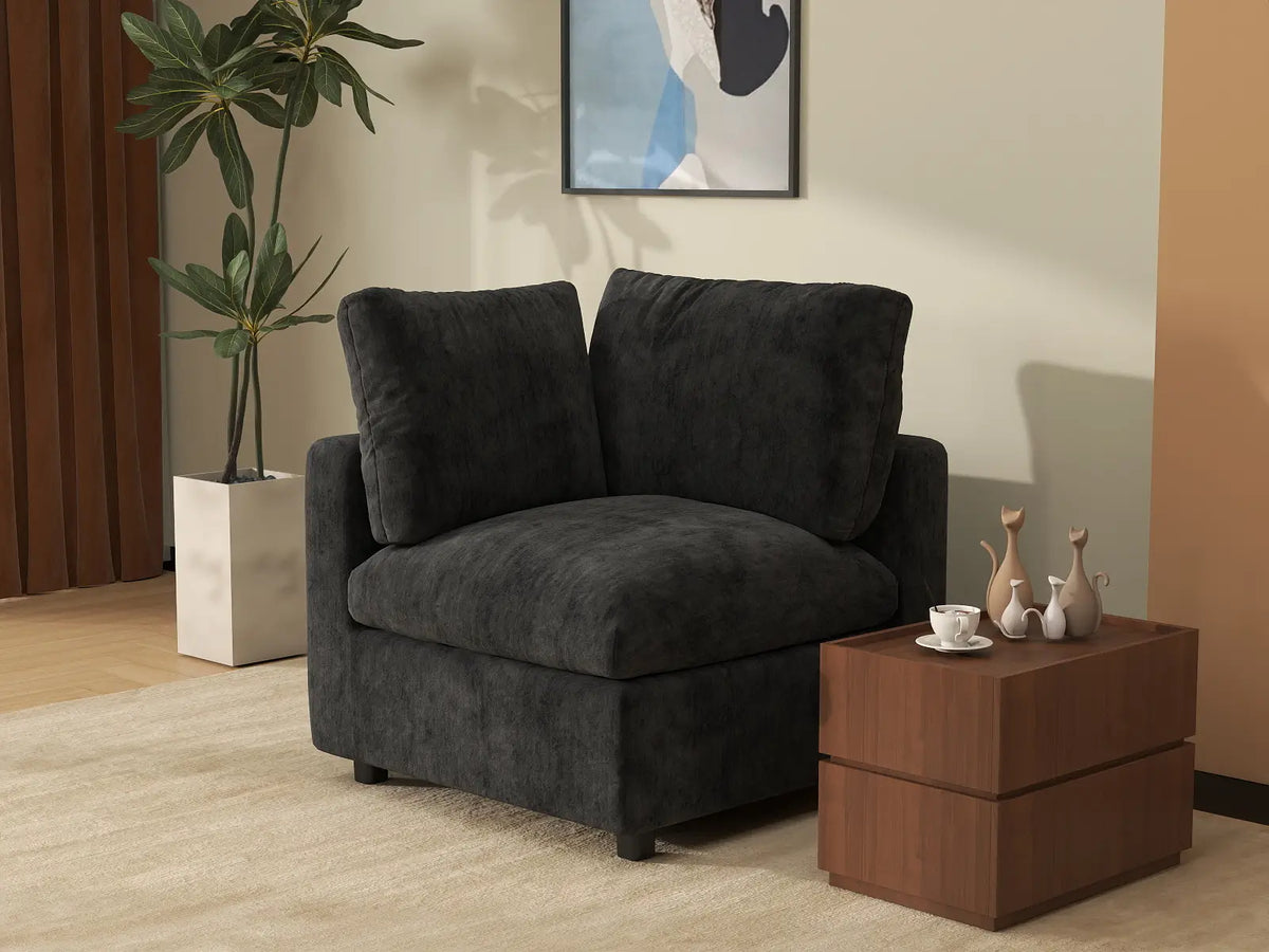 Deluxe Cloud 1-Seater Black Single Sofa | 1-Piece, Linen-Blend Chenille Fabric, Living Room Accent, Washable Cushion Covers
