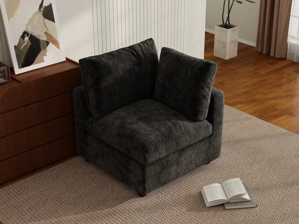 Deluxe Cloud 1-Seater Black Single Sofa | 1-Piece, Linen-Blend Chenille Fabric, Living Room Accent, Washable Cushion Covers