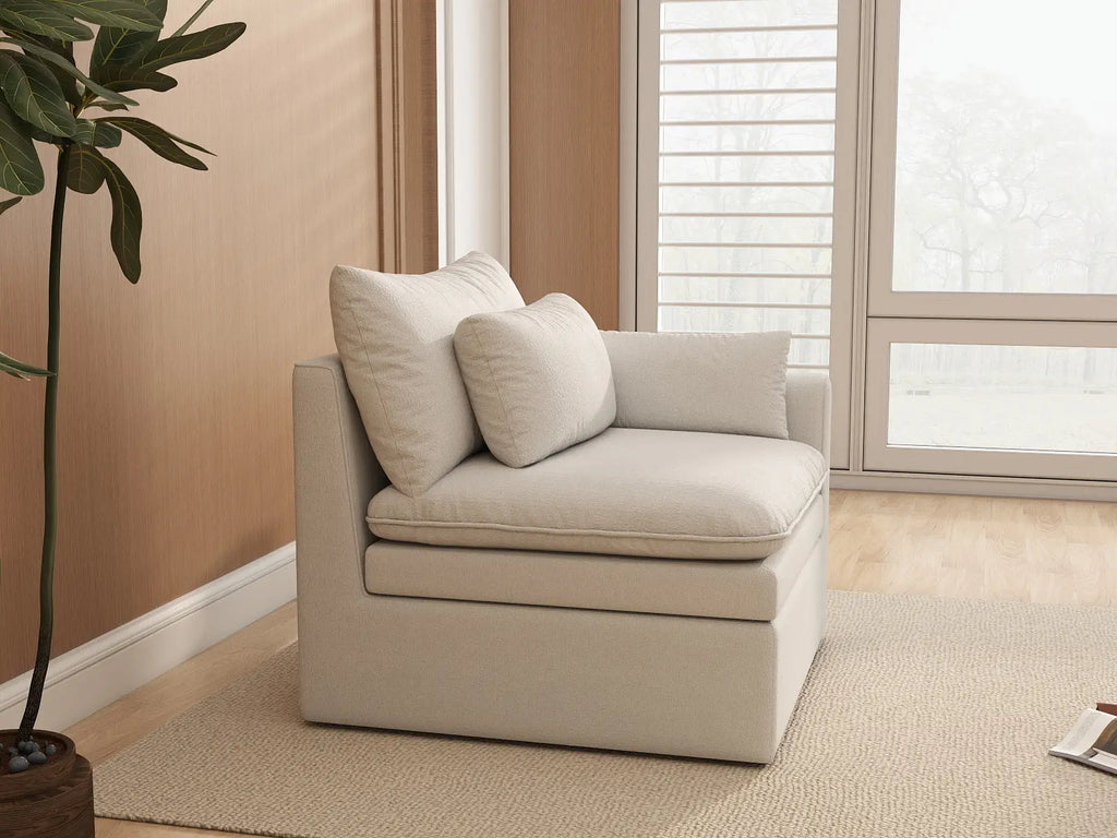 Deluxe Cloud 1-Seater White Small Space Single Sofa | 1-Piece, Linen Look Poly Fabric, Living Room Accent, Easy To Clean