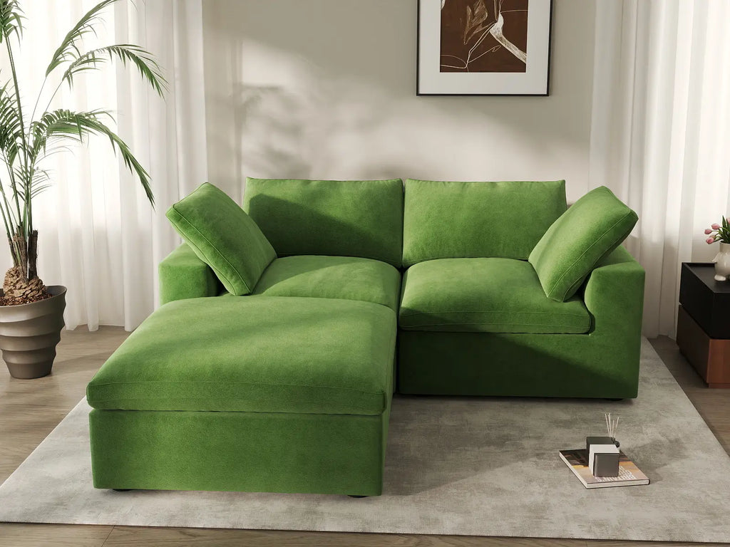 Deluxe Cloud 2-Seater Chaise Sectional in Earth Green Velvet | 3-Piece (Includes 1 Ottoman), Lounge Room Seating, Easy To Clean, Stylish Design