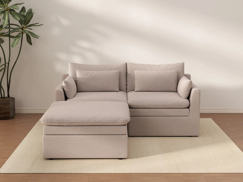 Deluxe Cloud 2-Seater Khaki Chaise Sectional | 3-Piece (Includes 1 Ottoman), Linen Look Poly Fabric, Washable Cushion Covers