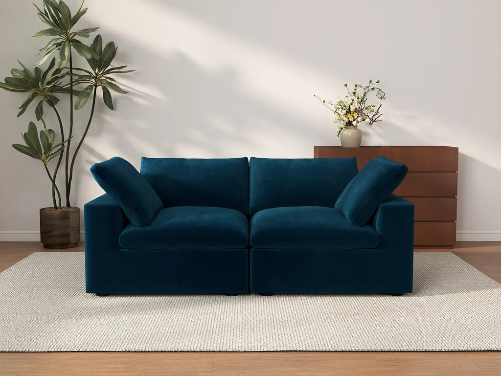 Deluxe Cloud 2-Seater Loveseat in Dark Blue Velvet | 2-Piece, Small Space Seating, Easy To Clean, Modular Design