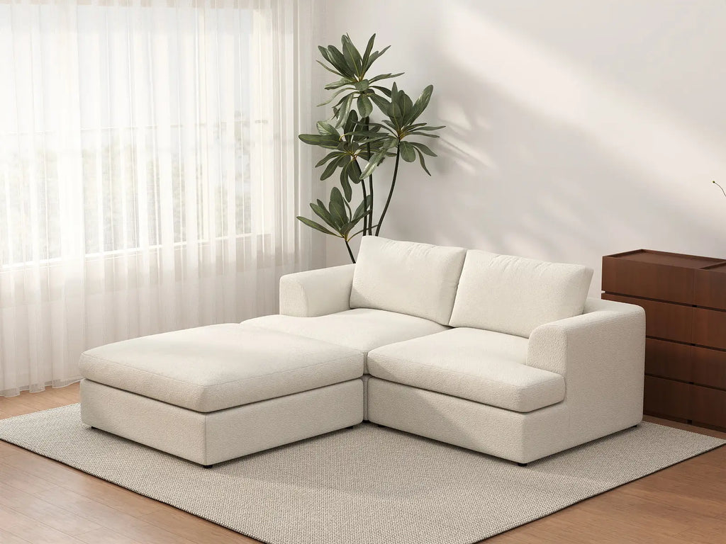 Deluxe Cloud 2-Seater White Small Space Chaise Sectional | 3-Piece (Includes 1 Ottoman), Bouclé Sherpa-Like Fabric, Easy To Clean