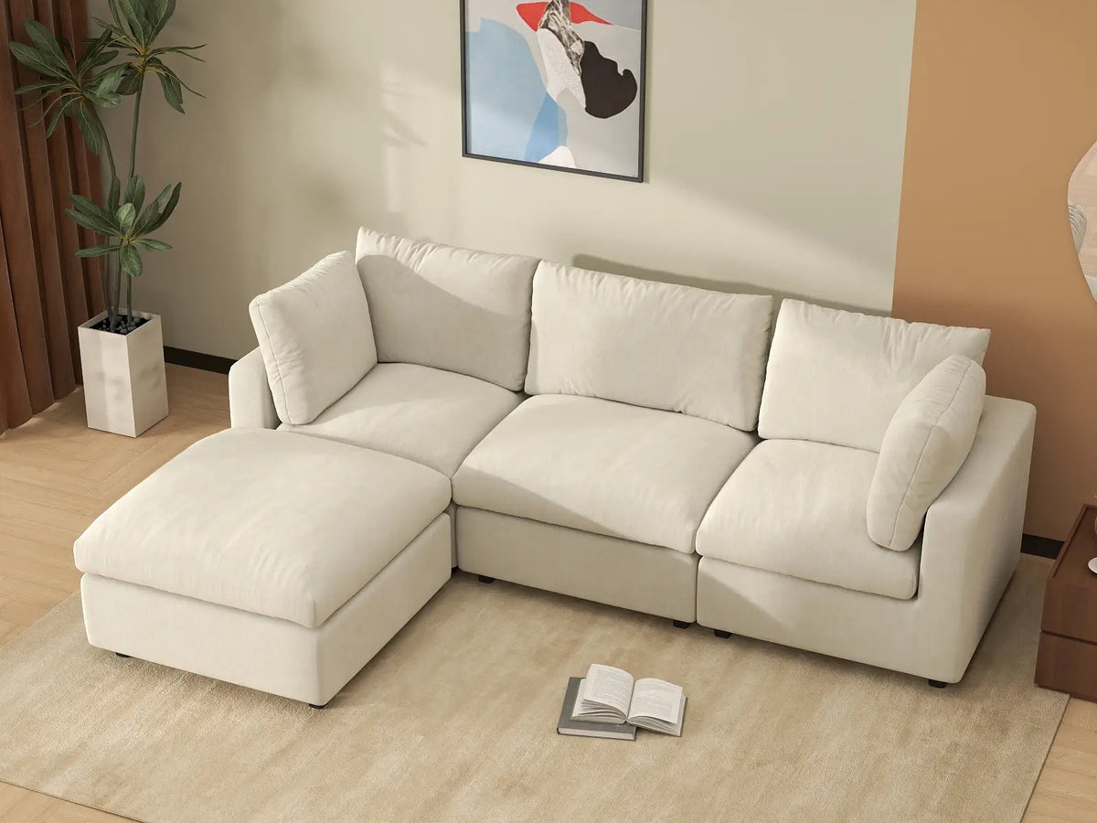 Deluxe Cloud 3-Seater Beige Large Space L-Shaped Sectional | 4-Piece (Includes 1 Ottoman), Linen-Blend Chenille Fabric, Easy To Clean