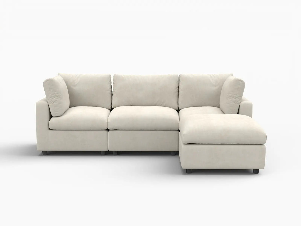 Deluxe Cloud 3-Seater Beige Large Space L-Shaped Sectional | 4-Piece (Includes 1 Ottoman), Linen-Blend Chenille Fabric, Easy To Clean