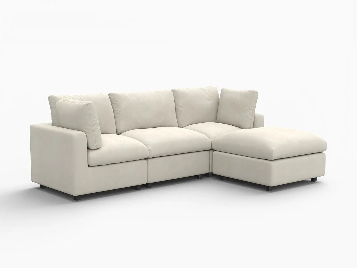 Deluxe Cloud 3-Seater Beige Large Space L-Shaped Sectional | 4-Piece (Includes 1 Ottoman), Linen-Blend Chenille Fabric, Easy To Clean