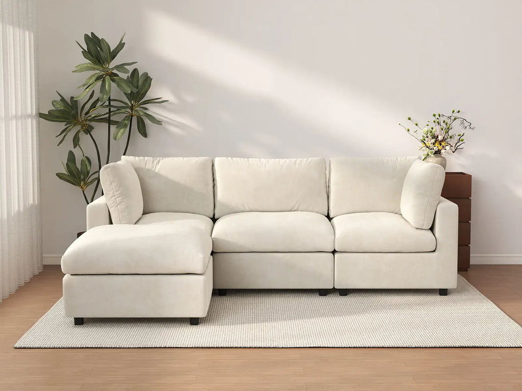 Deluxe Cloud 3-Seater Beige Large Space L-Shaped Sectional | 4-Piece (Includes 1 Ottoman), Linen-Blend Chenille Fabric, Easy To Clean