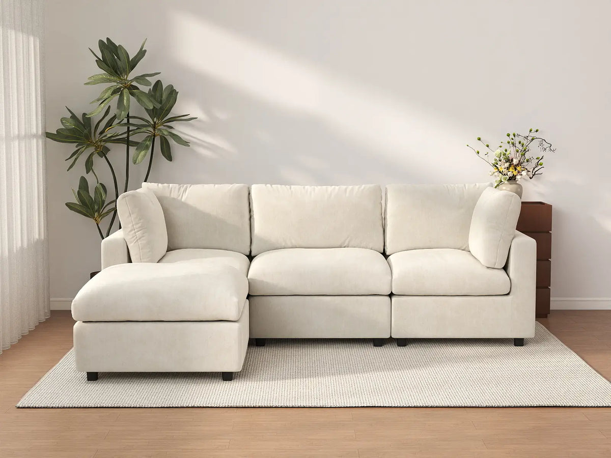 Deluxe Cloud 3-Seater Beige Large Space L-Shaped Sectional | 4-Piece (Includes 1 Ottoman), Linen-Blend Chenille Fabric, Easy To Clean