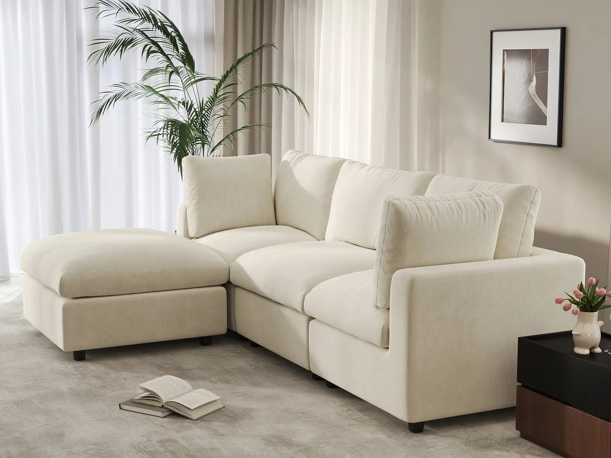 Deluxe Cloud 3-Seater Beige Large Space L-Shaped Sectional | 4-Piece (Includes 1 Ottoman), Linen-Blend Chenille Fabric, Easy To Clean
