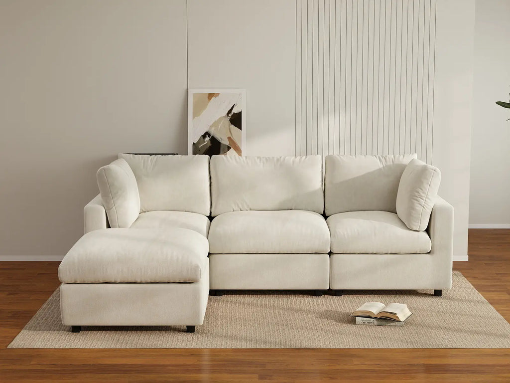 Deluxe Cloud 3-Seater Beige Large Space L-Shaped Sectional | 4-Piece (Includes 1 Ottoman), Linen-Blend Chenille Fabric, Easy To Clean