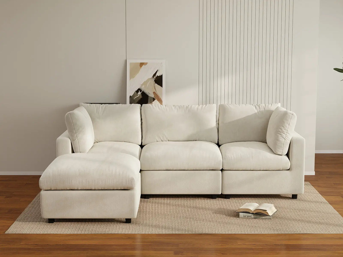 Deluxe Cloud 3-Seater Beige Large Space L-Shaped Sectional | 4-Piece (Includes 1 Ottoman), Linen-Blend Chenille Fabric, Easy To Clean
