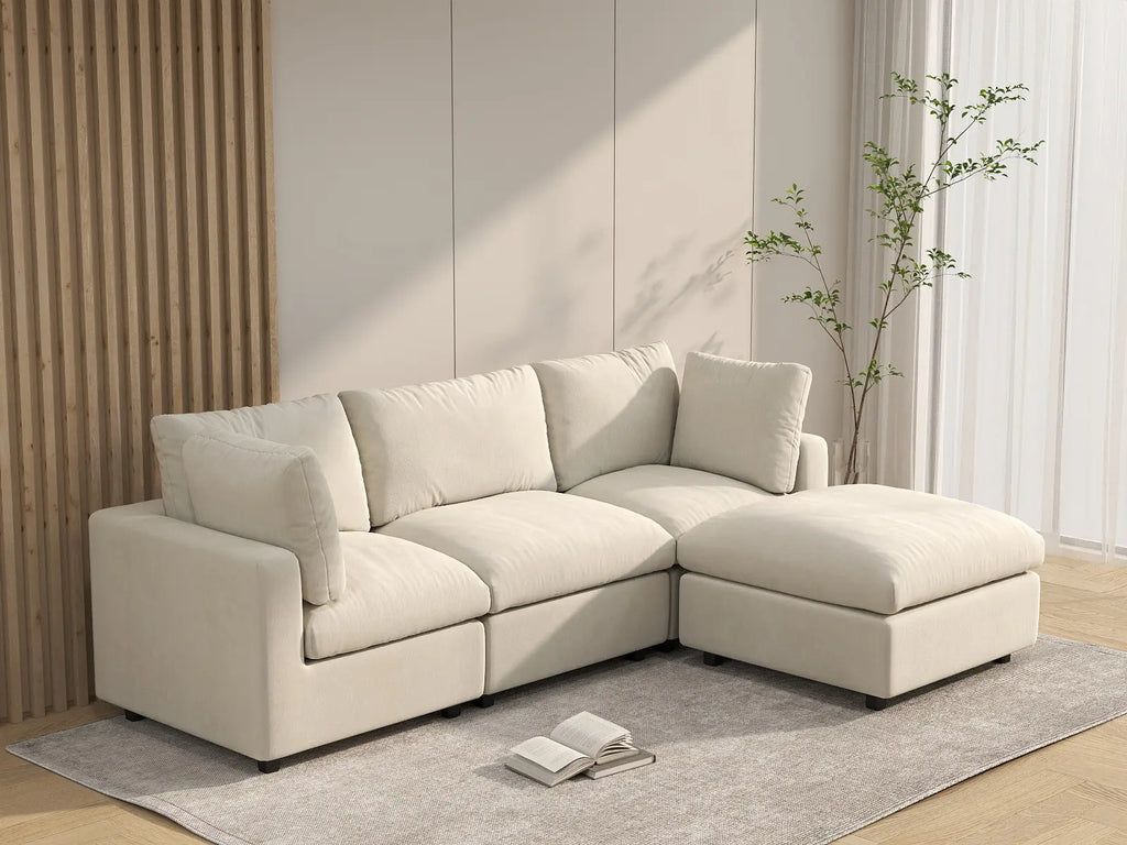 Deluxe Cloud 3-Seater Beige Large Space L-Shaped Sectional | 4-Piece (Includes 1 Ottoman), Linen-Blend Chenille Fabric, Easy To Clean