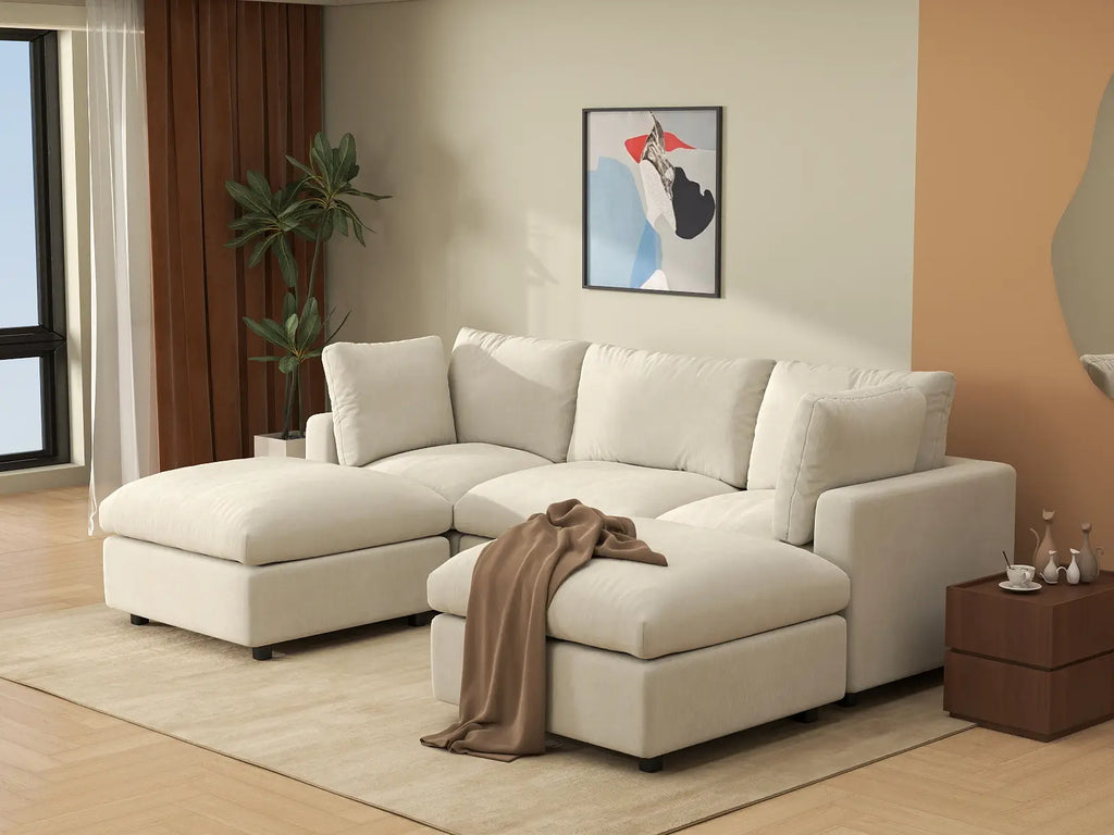 Deluxe Cloud 3-Seater Beige Large Space U-Shaped Sectional | 5-Piece (Includes 2 Ottomans), Linen-Blend Chenille Fabric, Easy To Clean