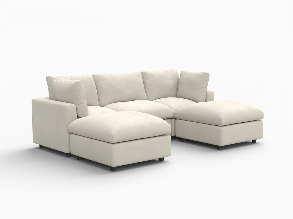 Deluxe Cloud 3-Seater Beige Large Space U-Shaped Sectional | 5-Piece (Includes 2 Ottomans), Linen-Blend Chenille Fabric, Easy To Clean