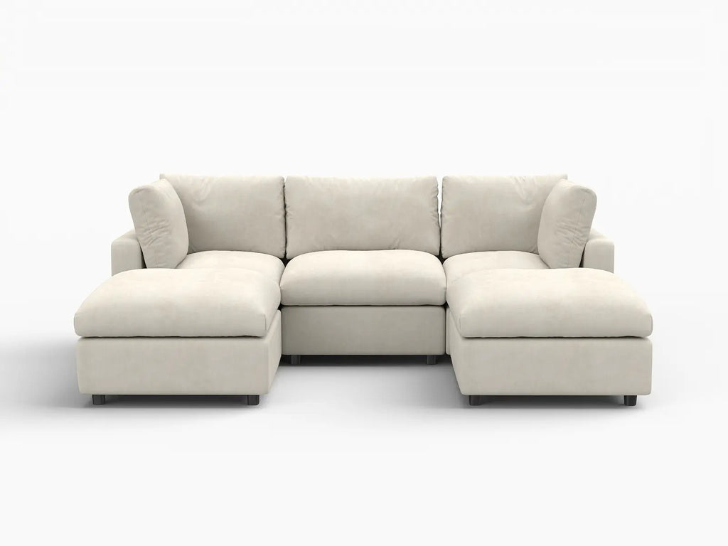 Deluxe Cloud 3-Seater Beige Large Space U-Shaped Sectional | 5-Piece (Includes 2 Ottomans), Linen-Blend Chenille Fabric, Easy To Clean