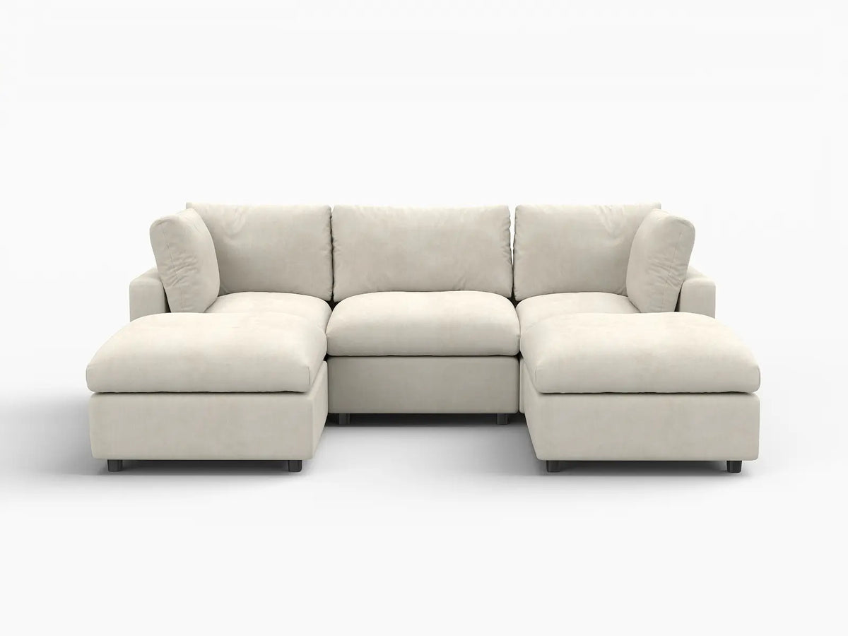 Deluxe Cloud 3-Seater Beige Large Space U-Shaped Sectional | 5-Piece (Includes 2 Ottomans), Linen-Blend Chenille Fabric, Easy To Clean