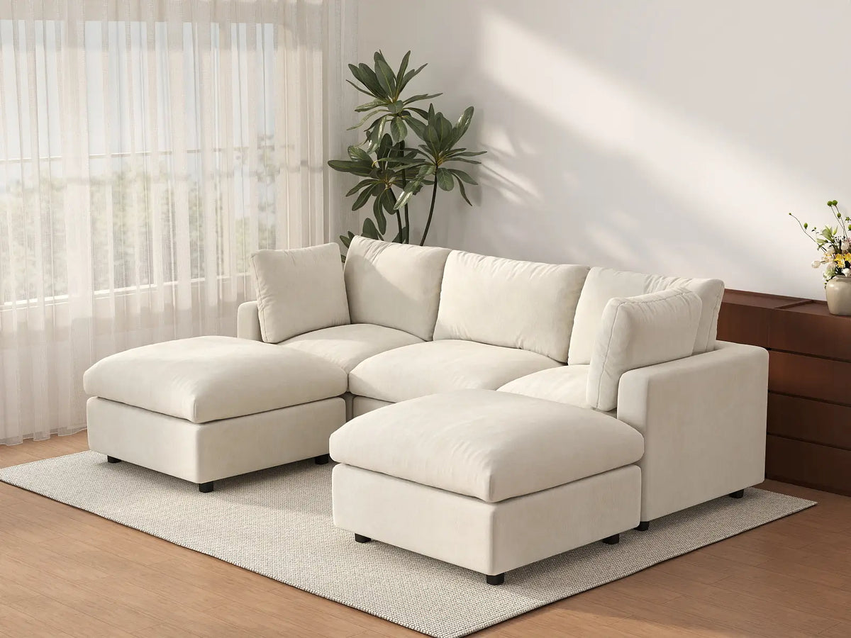 Deluxe Cloud 3-Seater Beige Large Space U-Shaped Sectional | 5-Piece (Includes 2 Ottomans), Linen-Blend Chenille Fabric, Easy To Clean