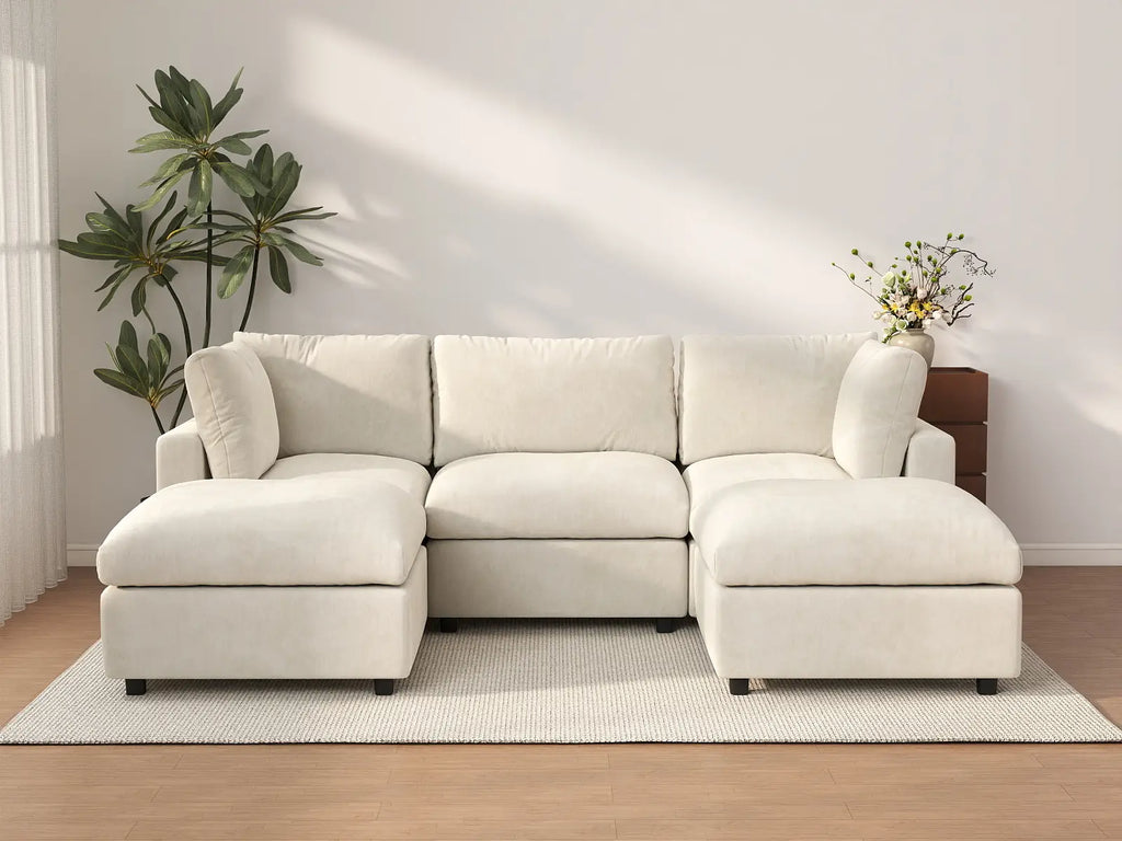 Deluxe Cloud 3-Seater Beige Large Space U-Shaped Sectional | 5-Piece (Includes 2 Ottomans), Linen-Blend Chenille Fabric, Easy To Clean