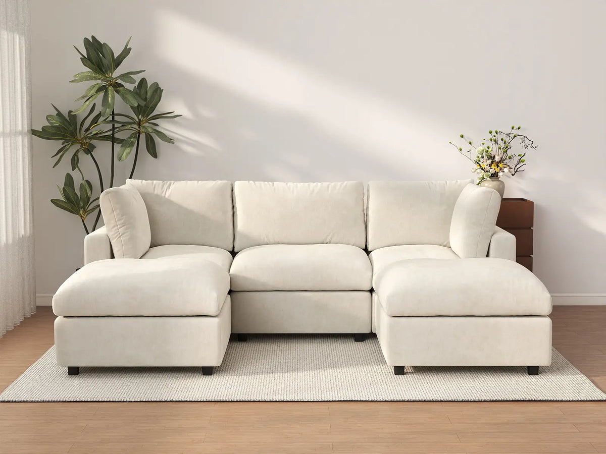 Deluxe Cloud 3-Seater Beige Large Space U-Shaped Sectional | 5-Piece (Includes 2 Ottomans), Linen-Blend Chenille Fabric, Easy To Clean