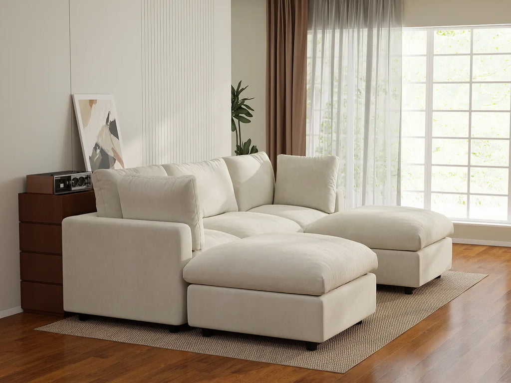 Deluxe Cloud 3-Seater Beige Large Space U-Shaped Sectional | 5-Piece (Includes 2 Ottomans), Linen-Blend Chenille Fabric, Easy To Clean