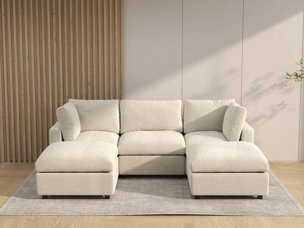 Deluxe Cloud 3-Seater Beige Large Space U-Shaped Sectional | 5-Piece (Includes 2 Ottomans), Linen-Blend Chenille Fabric, Easy To Clean