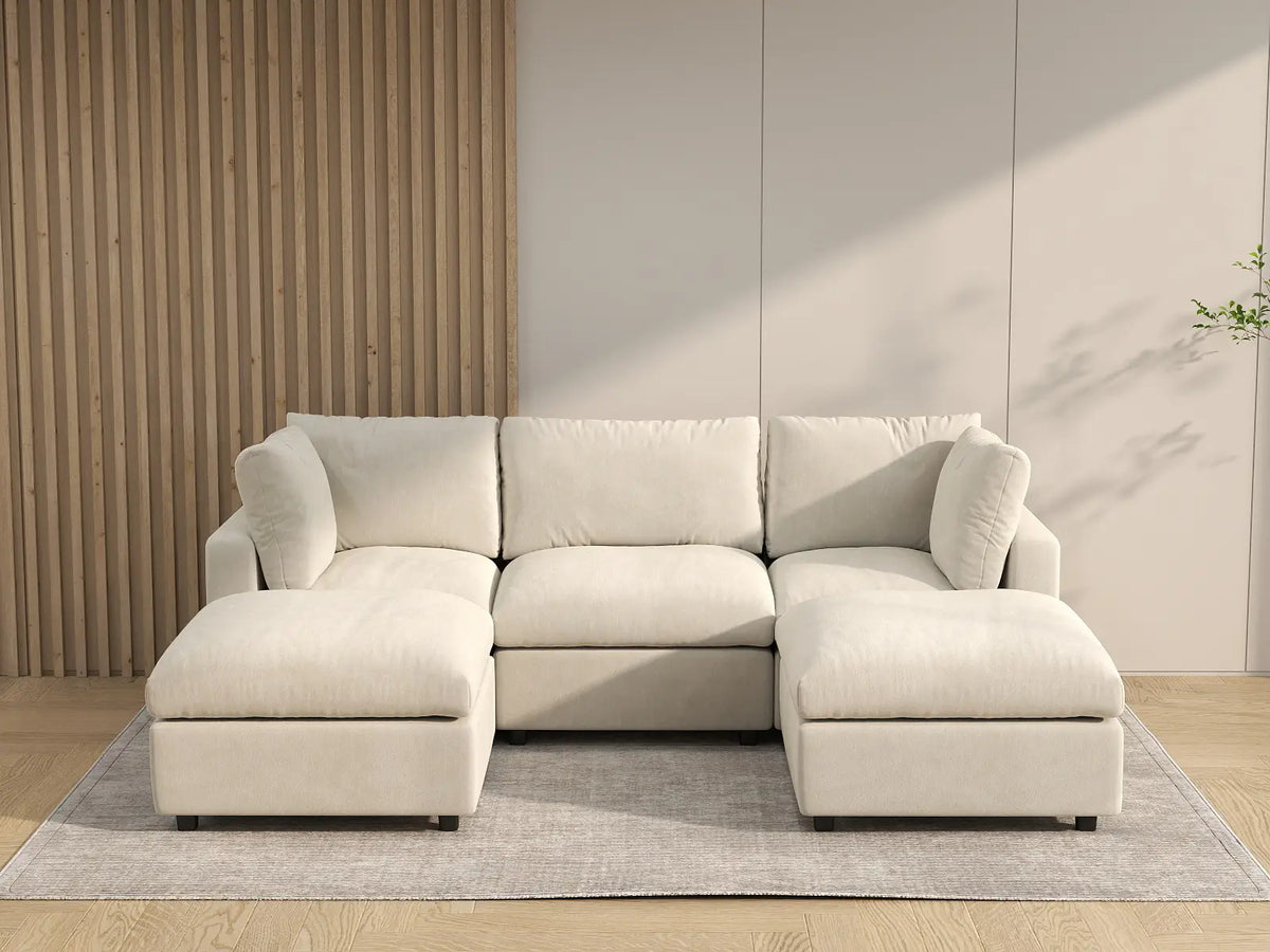 Deluxe Cloud 3-Seater Beige Large Space U-Shaped Sectional | 5-Piece (Includes 2 Ottomans), Linen-Blend Chenille Fabric, Easy To Clean