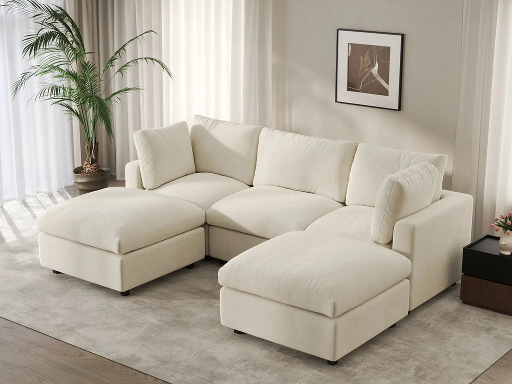Deluxe Cloud 3-Seater Beige Large Space U-Shaped Sectional | 5-Piece (Includes 2 Ottomans), Linen-Blend Chenille Fabric, Easy To Clean