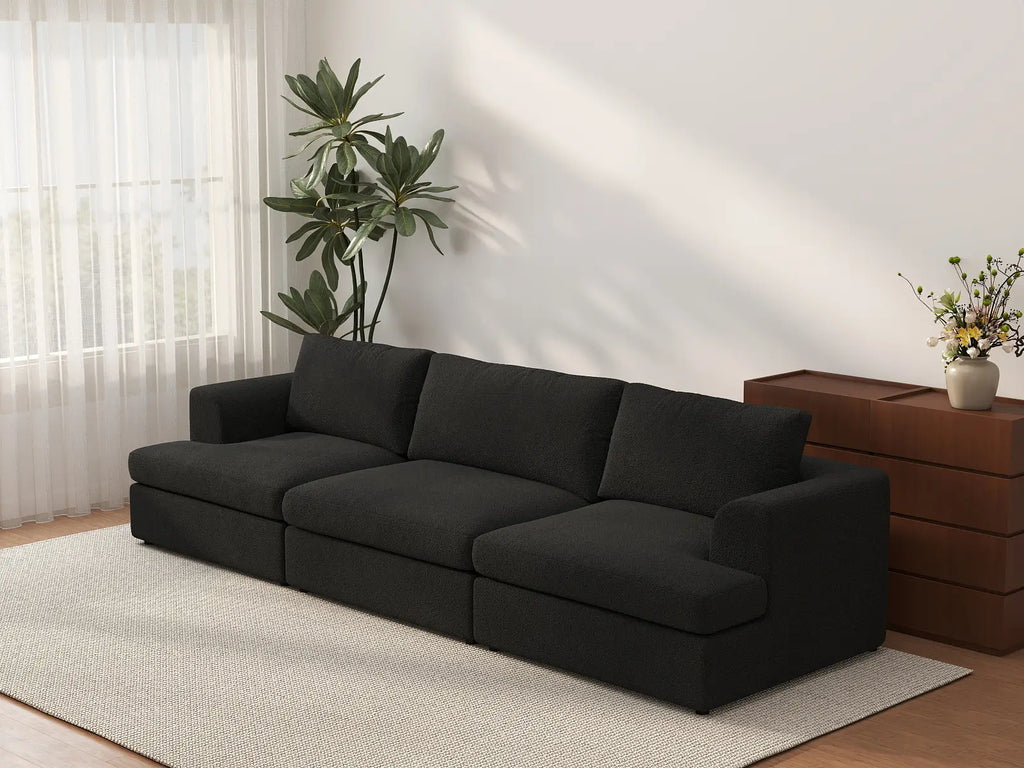 Deluxe Cloud 3-Seater Black Couch Sectional | 3-Piece, Bouclé Sherpa-Like Fabric, Washable Cushion Covers