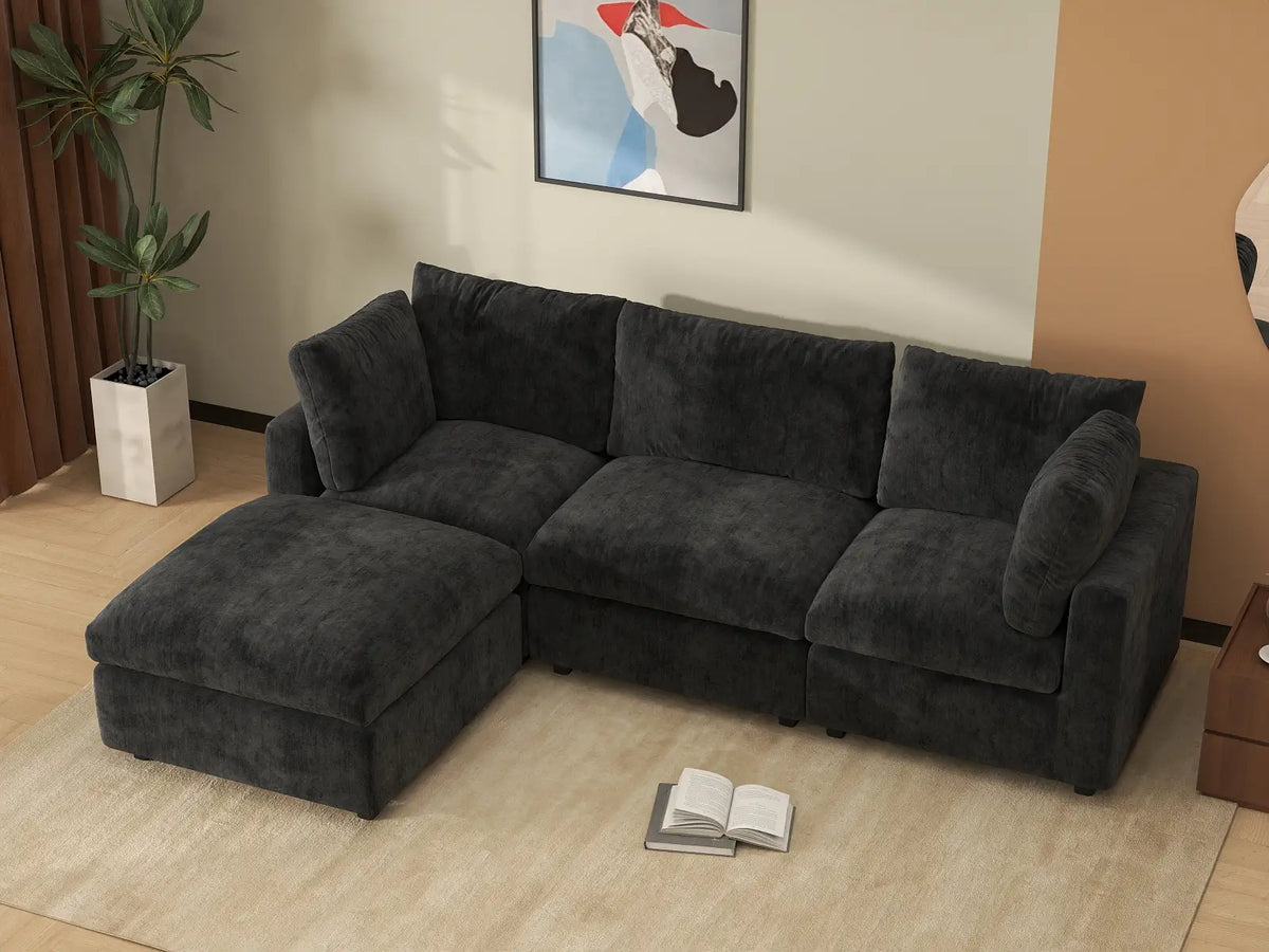 Deluxe Cloud 3-Seater Black L-Shaped Sectional | 4-Piece (Includes 1 Ottoman), Linen-Blend Chenille Fabric, Washable Cushion Covers