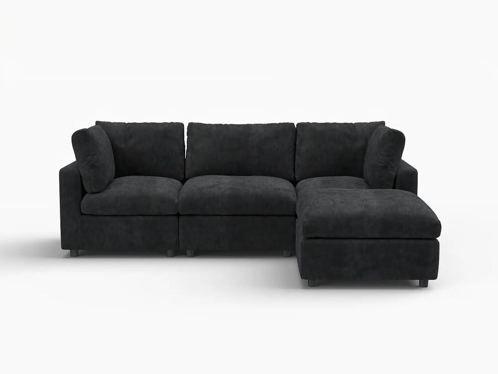 Deluxe Cloud 3-Seater Black L-Shaped Sectional | 4-Piece (Includes 1 Ottoman), Linen-Blend Chenille Fabric, Washable Cushion Covers