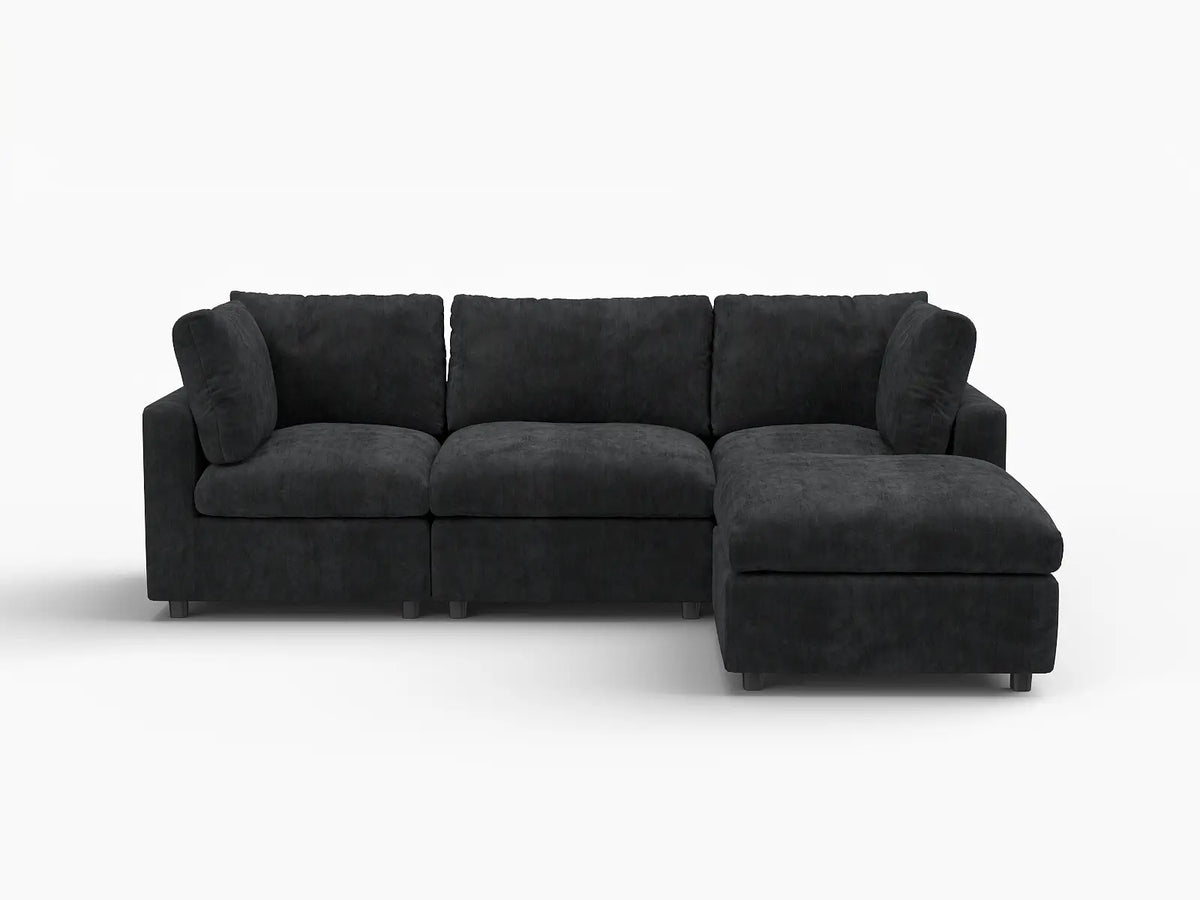 Deluxe Cloud 3-Seater Black L-Shaped Sectional | 4-Piece (Includes 1 Ottoman), Linen-Blend Chenille Fabric, Washable Cushion Covers
