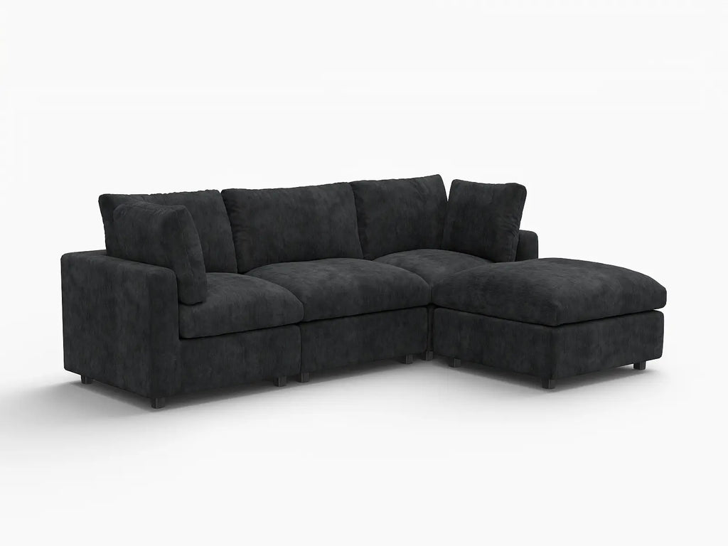 Deluxe Cloud 3-Seater Black L-Shaped Sectional | 4-Piece (Includes 1 Ottoman), Linen-Blend Chenille Fabric, Washable Cushion Covers