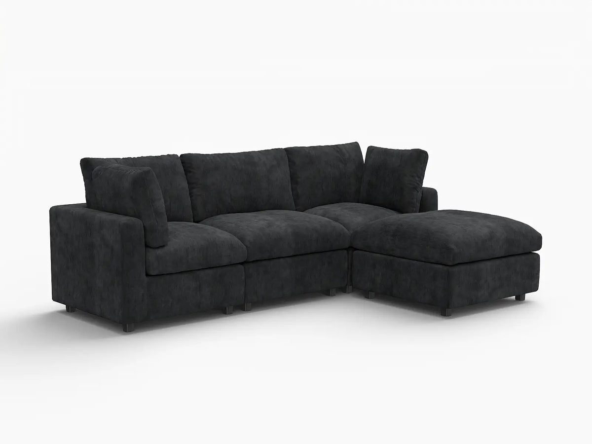 Deluxe Cloud 3-Seater Black L-Shaped Sectional | 4-Piece (Includes 1 Ottoman), Linen-Blend Chenille Fabric, Washable Cushion Covers