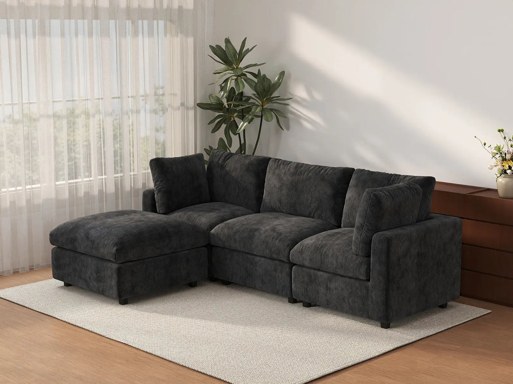 Deluxe Cloud 3-Seater Black L-Shaped Sectional | 4-Piece (Includes 1 Ottoman), Linen-Blend Chenille Fabric, Washable Cushion Covers