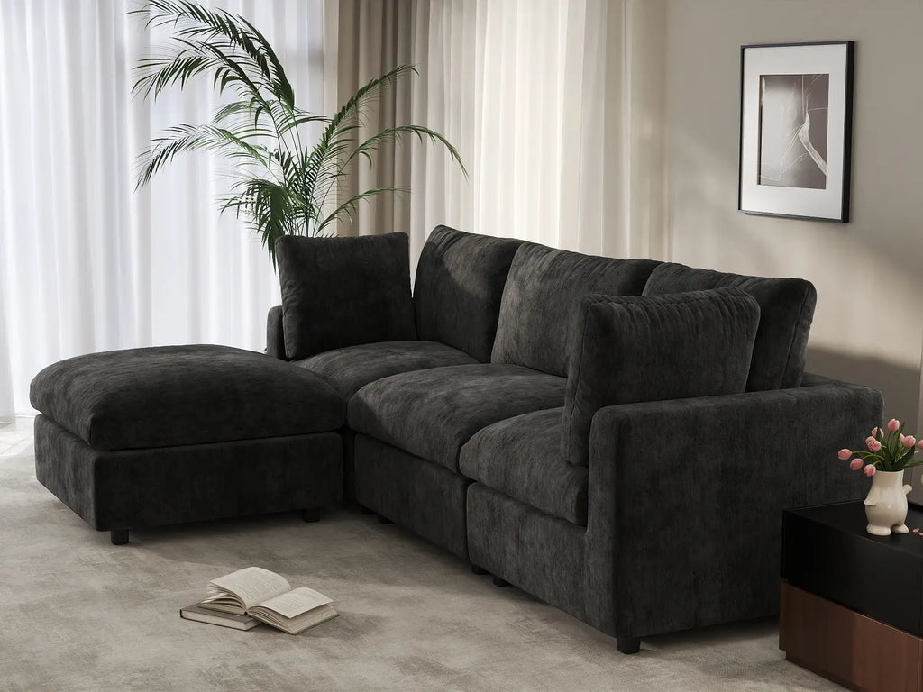 Deluxe Cloud 3-Seater Black L-Shaped Sectional | 4-Piece (Includes 1 Ottoman), Linen-Blend Chenille Fabric, Washable Cushion Covers