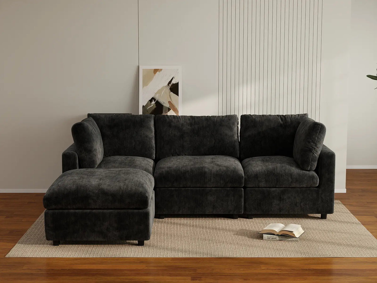 Deluxe Cloud 3-Seater Black L-Shaped Sectional | 4-Piece (Includes 1 Ottoman), Linen-Blend Chenille Fabric, Washable Cushion Covers