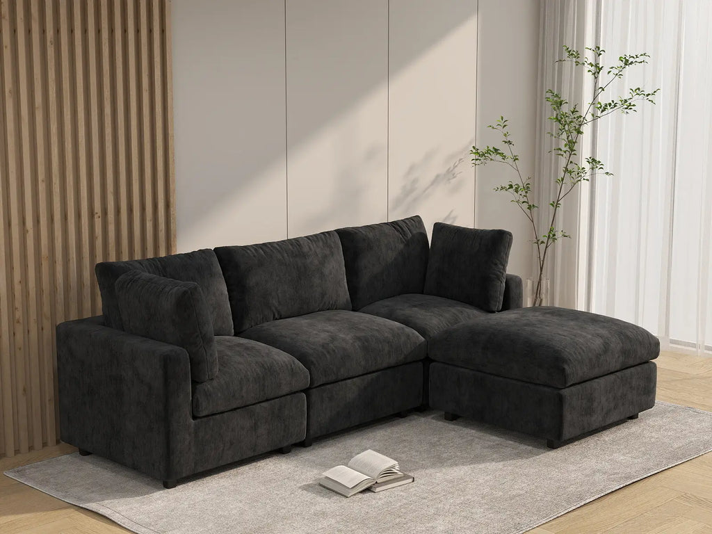 Deluxe Cloud 3-Seater Black L-Shaped Sectional | 4-Piece (Includes 1 Ottoman), Linen-Blend Chenille Fabric, Washable Cushion Covers