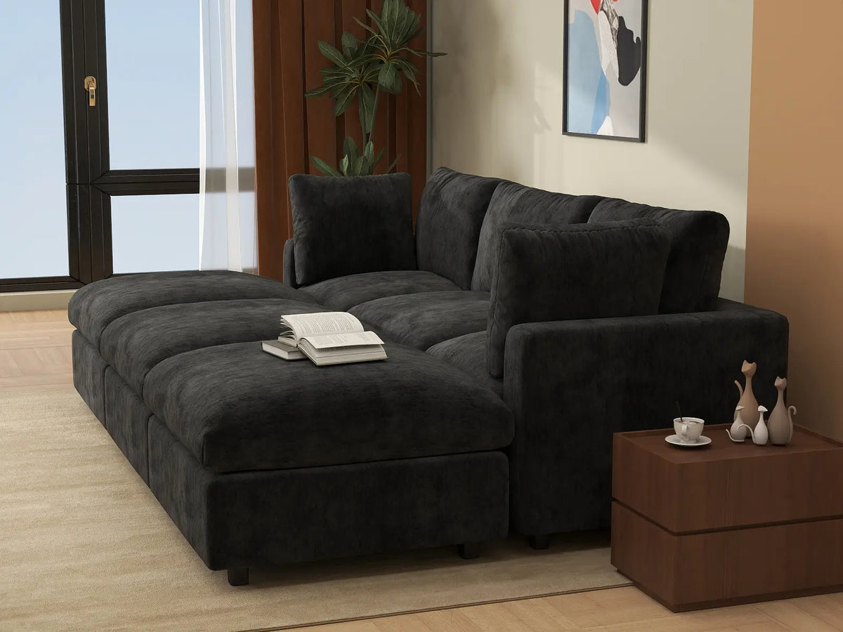 Deluxe Cloud 3-Seater Black Pit Sectional | 6-Piece (Includes 3 Ottomans), Linen-Blend Chenille Fabric, Washable Cushion Covers