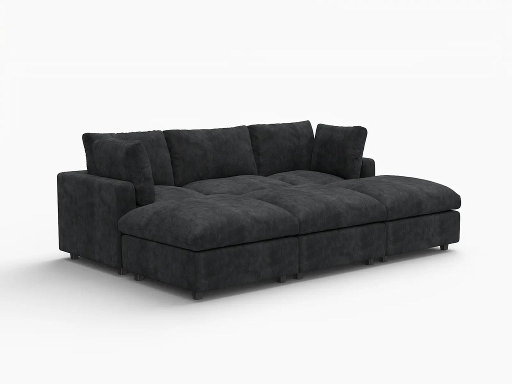 Deluxe Cloud 3-Seater Black Pit Sectional | 6-Piece (Includes 3 Ottomans), Linen-Blend Chenille Fabric, Washable Cushion Covers