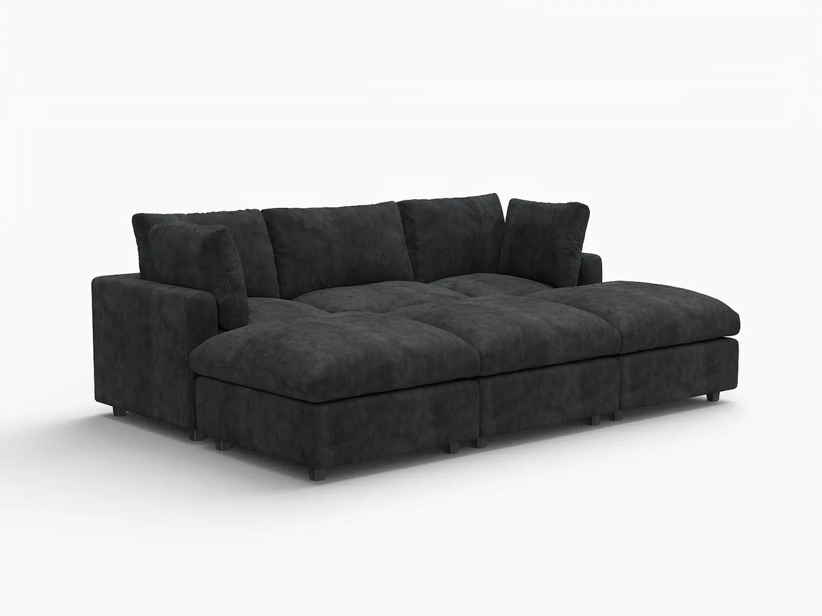 Deluxe Cloud 3-Seater Black Pit Sectional | 6-Piece (Includes 3 Ottomans), Linen-Blend Chenille Fabric, Washable Cushion Covers