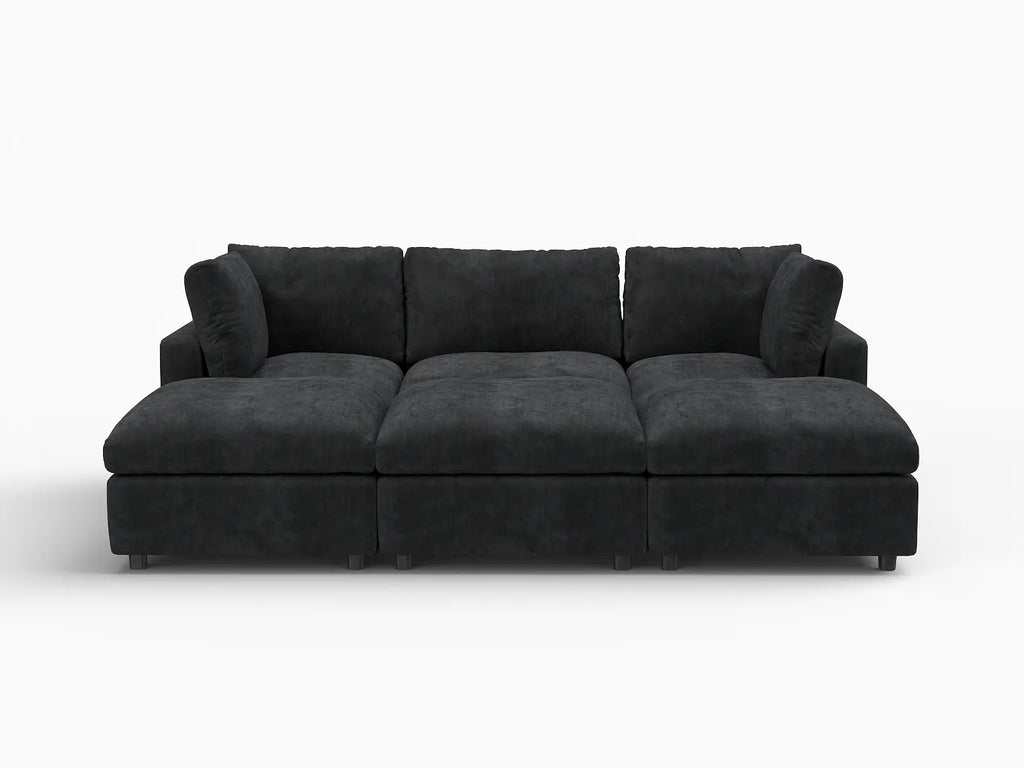 Deluxe Cloud 3-Seater Black Pit Sectional | 6-Piece (Includes 3 Ottomans), Linen-Blend Chenille Fabric, Washable Cushion Covers
