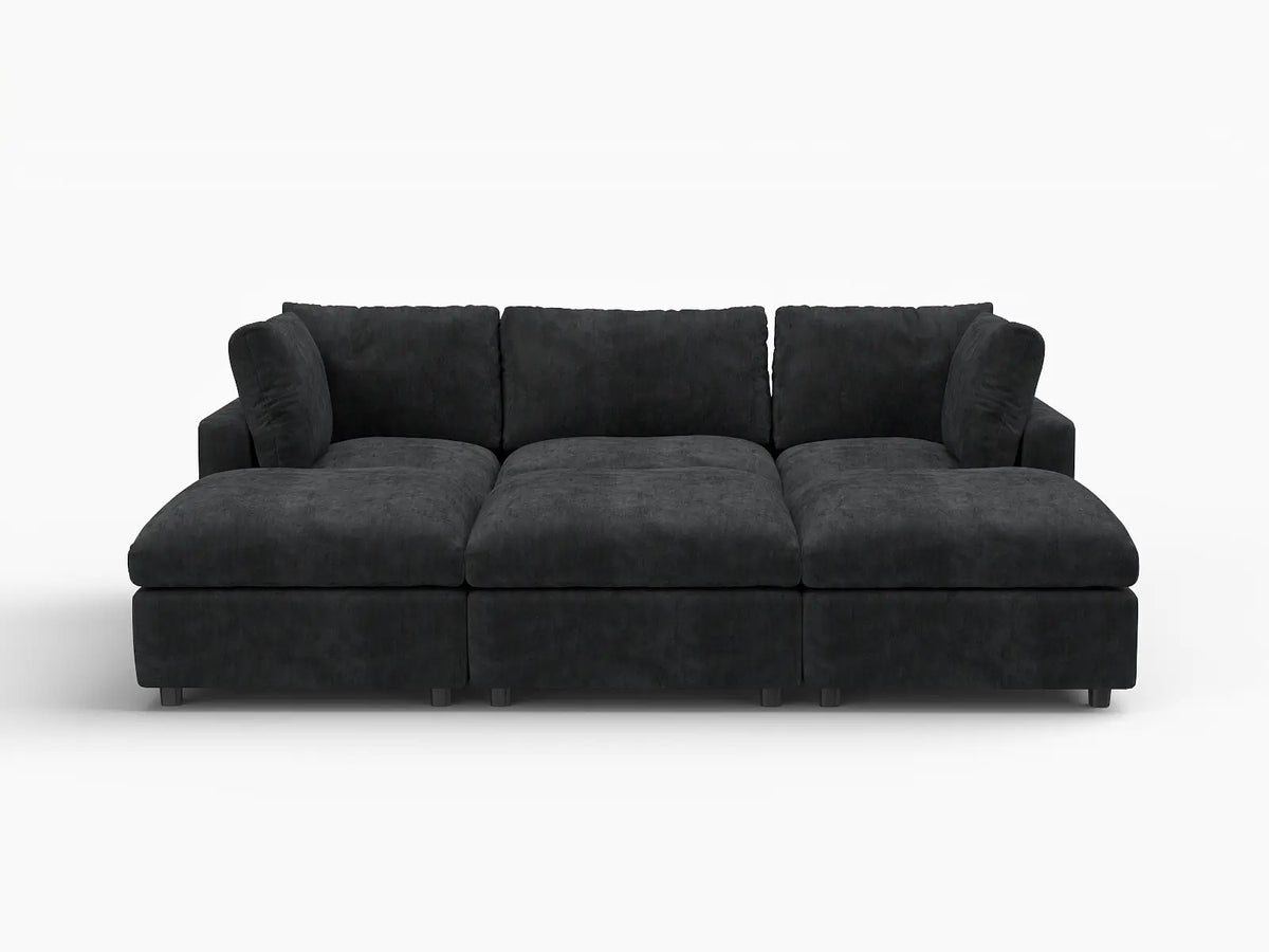 Deluxe Cloud 3-Seater Black Pit Sectional | 6-Piece (Includes 3 Ottomans), Linen-Blend Chenille Fabric, Washable Cushion Covers