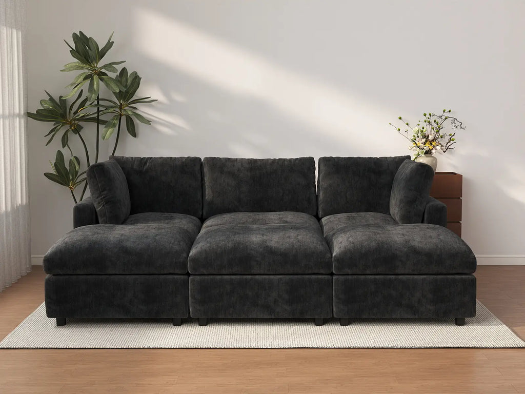 Deluxe Cloud 3-Seater Black Pit Sectional | 6-Piece (Includes 3 Ottomans), Linen-Blend Chenille Fabric, Washable Cushion Covers