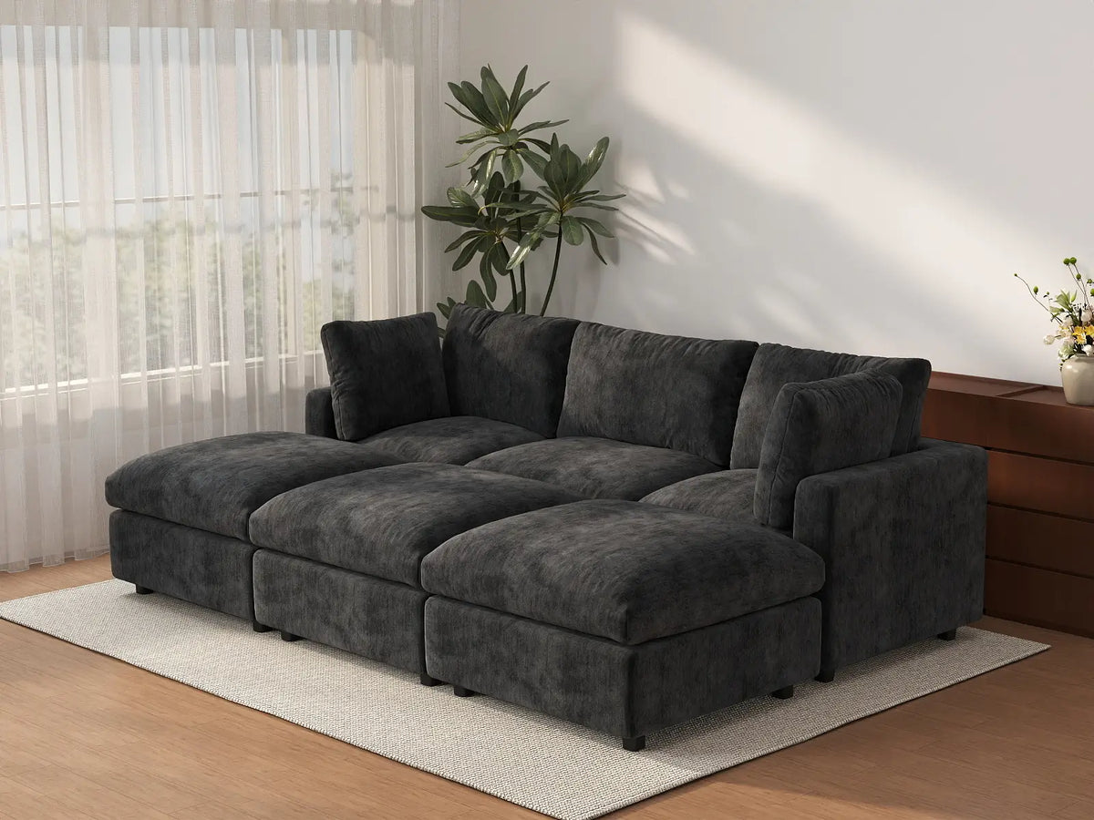 Deluxe Cloud 3-Seater Black Pit Sectional | 6-Piece (Includes 3 Ottomans), Linen-Blend Chenille Fabric, Washable Cushion Covers