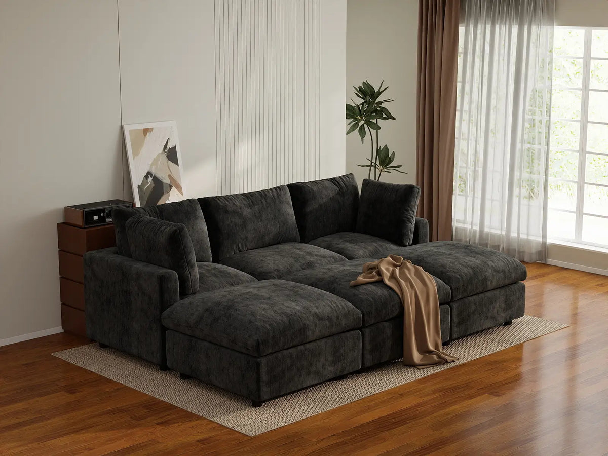 Deluxe Cloud 3-Seater Black Pit Sectional | 6-Piece (Includes 3 Ottomans), Linen-Blend Chenille Fabric, Washable Cushion Covers