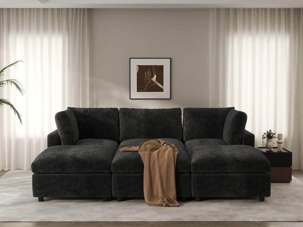 Deluxe Cloud 3-Seater Black Pit Sectional | 6-Piece (Includes 3 Ottomans), Linen-Blend Chenille Fabric, Washable Cushion Covers