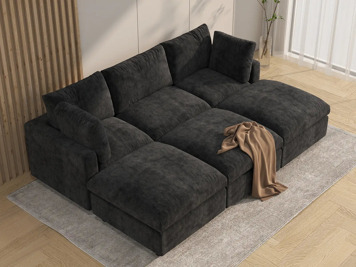 Deluxe Cloud 3-Seater Black Pit Sectional | 6-Piece (Includes 3 Ottomans), Linen-Blend Chenille Fabric, Washable Cushion Covers